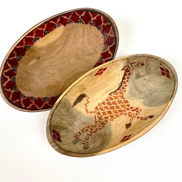 African Handcarved/Handpainted Wooden Oval Bowls (Set of 2) Giraffe/Ethnic - Picture 2 of 9